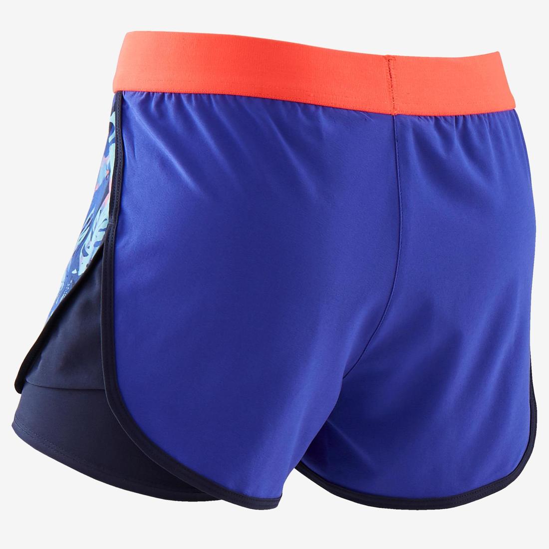 Short 2 en 1 multisport respirant fille, imprimé bleu et corail