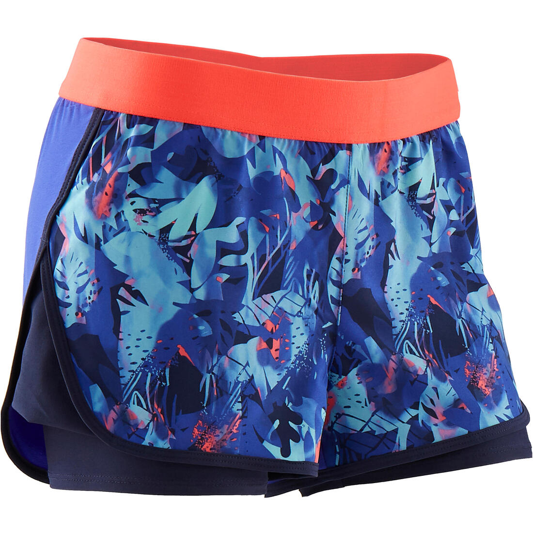 Short 2 en 1 multisport respirant fille, imprimé bleu et corail