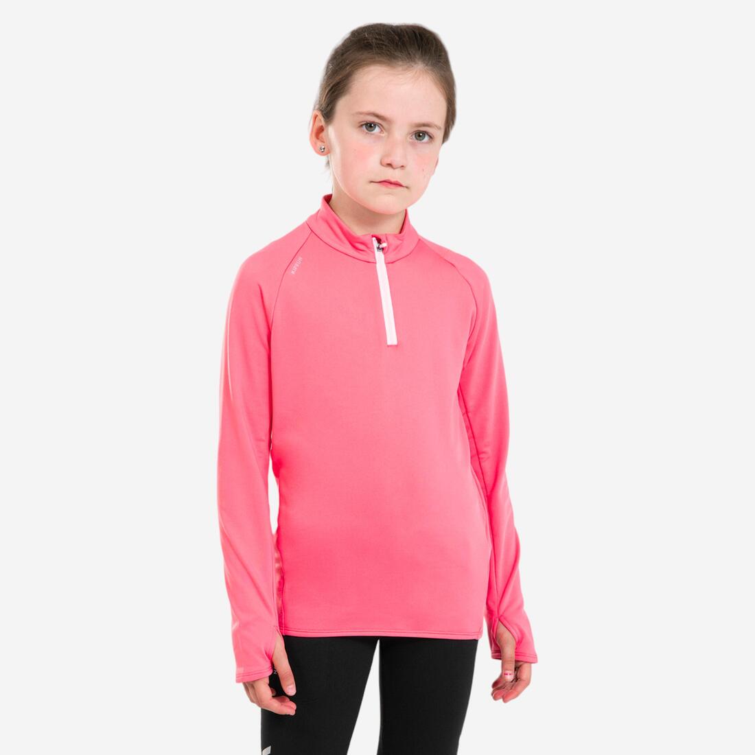 Maillot manches longues chaud 1/2 zip enfant d'athlétisme AT 100 corail fluo