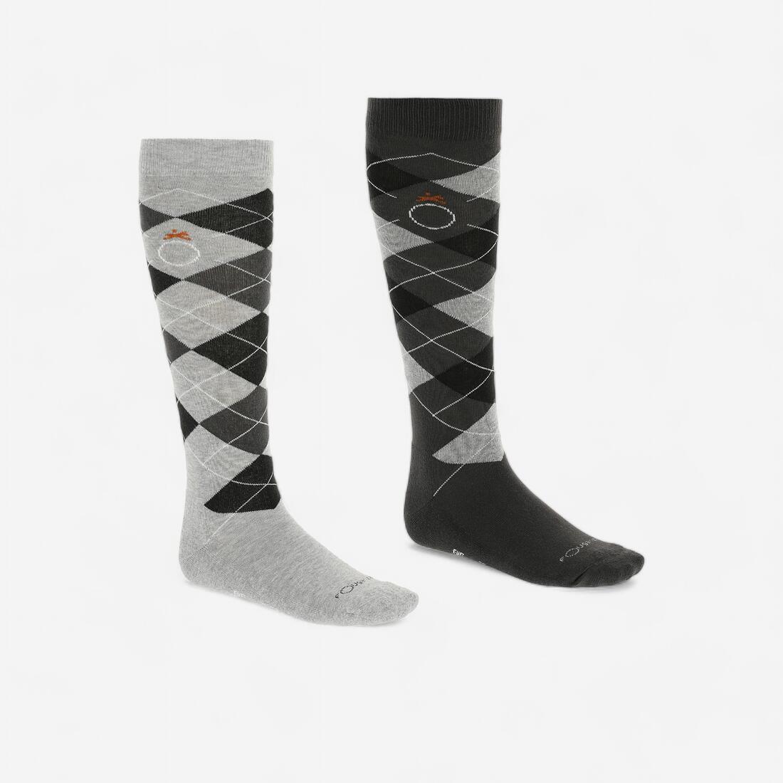 Chaussettes équitation enfant et adulte LOSANGES gris chiné/bleu ciel  X 2 paire