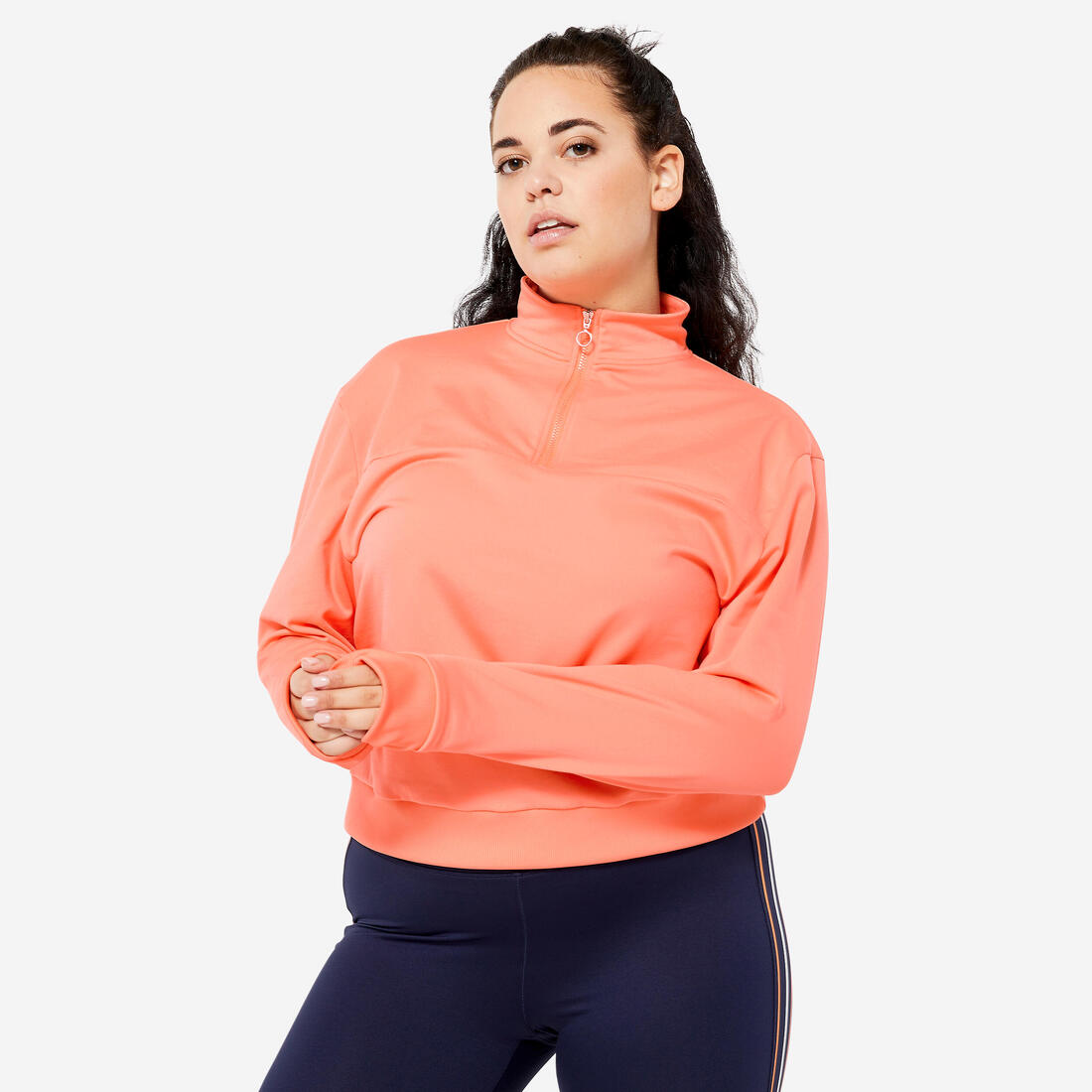 Sweat Manches Longues Col Zippé Fitness Cardio Femme Corail