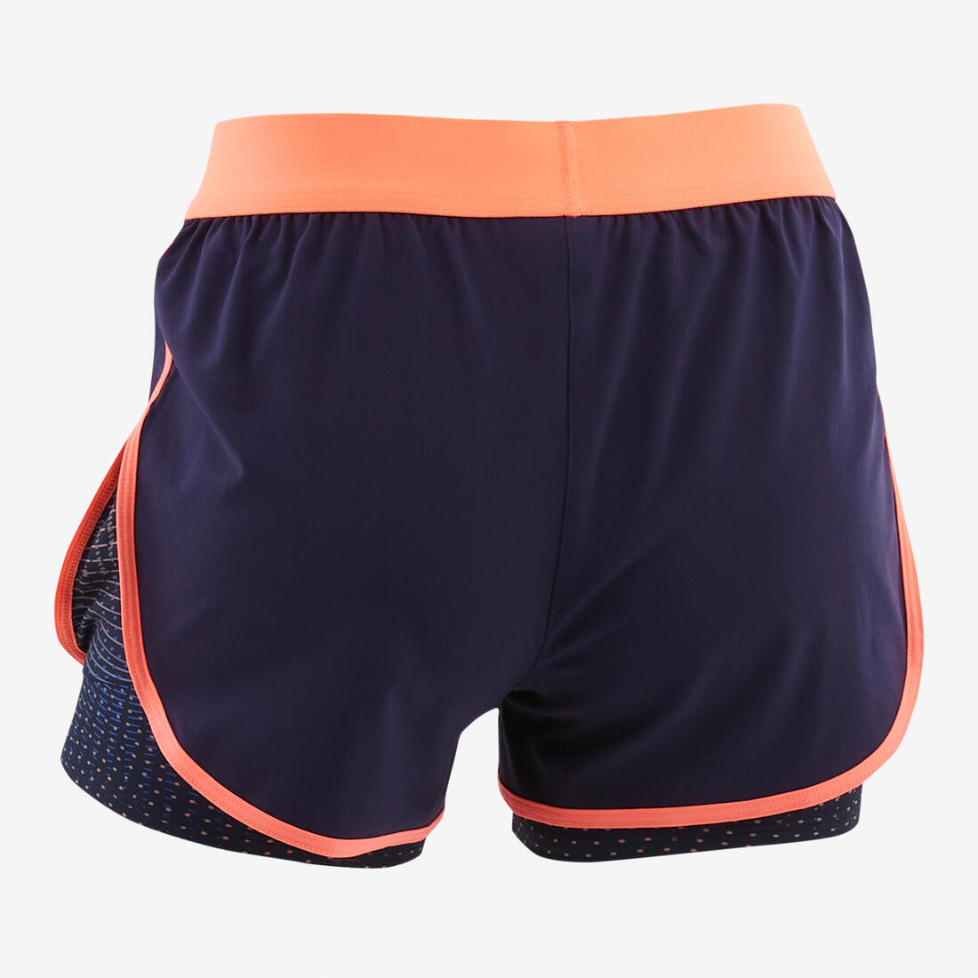 Short 2 en 1 multisport respirant fille, imprimé bleu et corail