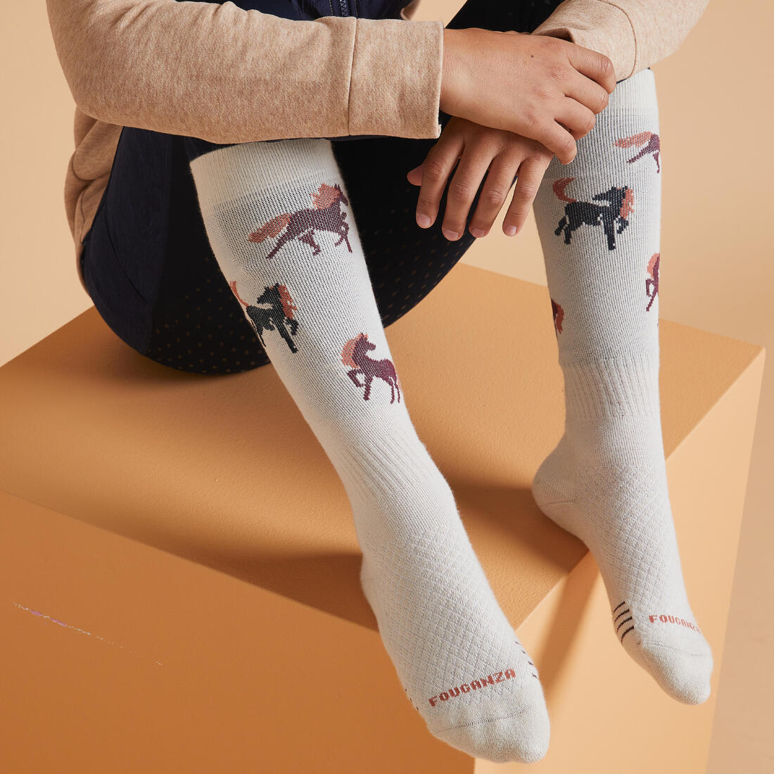 Chaussettes d'équitation enfant sks 500 motifs poneys marine et rose. lot de 2