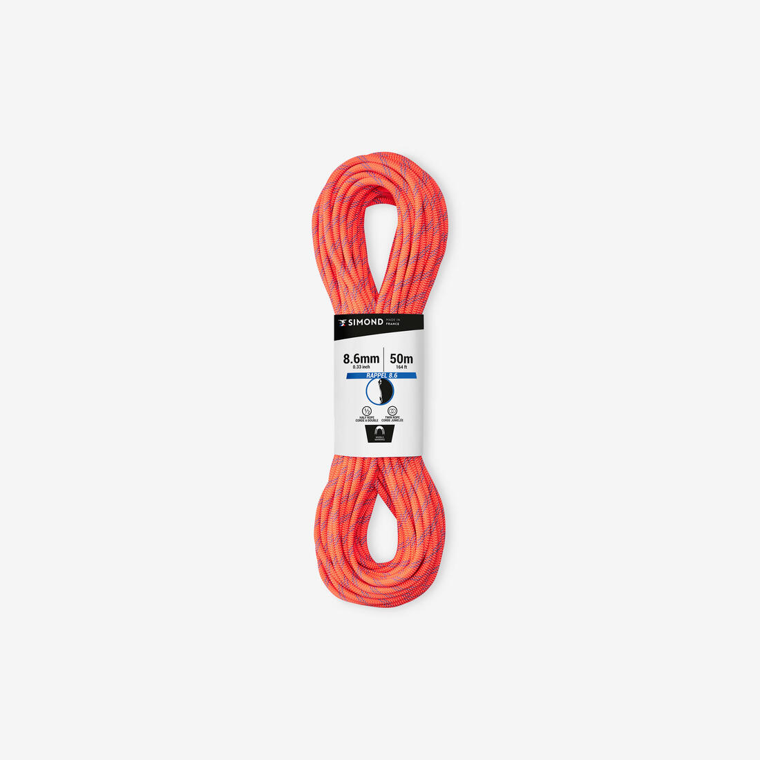 Corde à double d'escalade et d'alpinisme 8.6 mm x 50 m - Rappel 8.6 Bleu