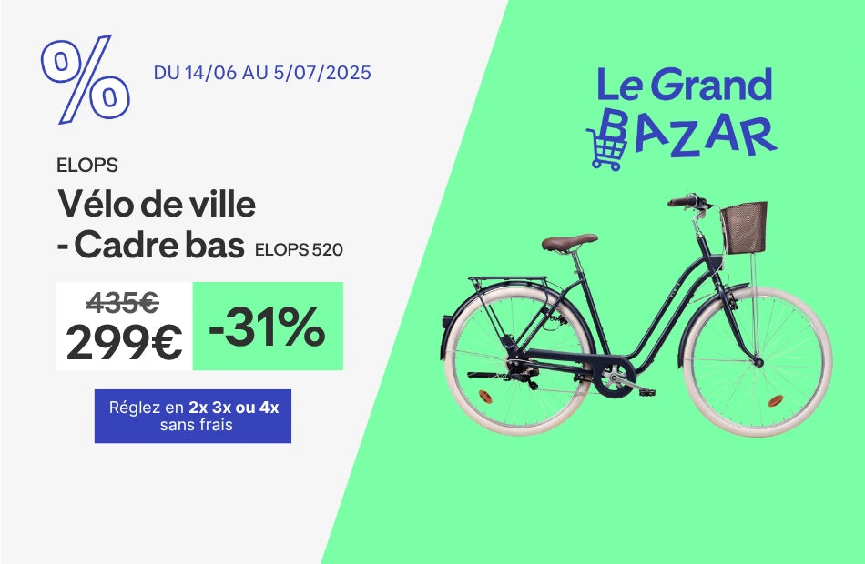 Profitez des -31% sur le vélo de ville adulte modèle Elops 520. Qui est à 299€ au lieu de 435€ !