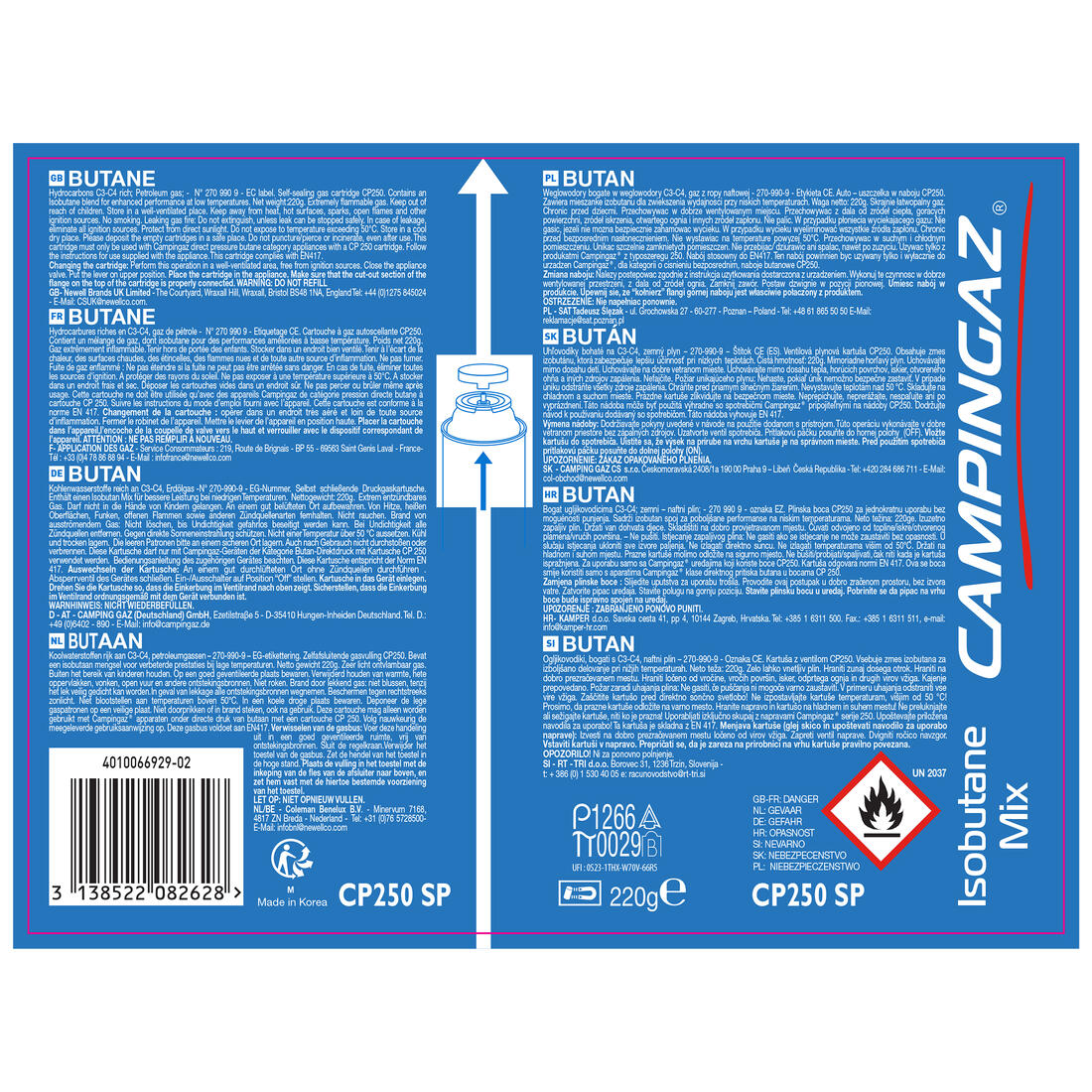 Cartouche de gaz à valve CP 250 pour réchaud (220 grammes)