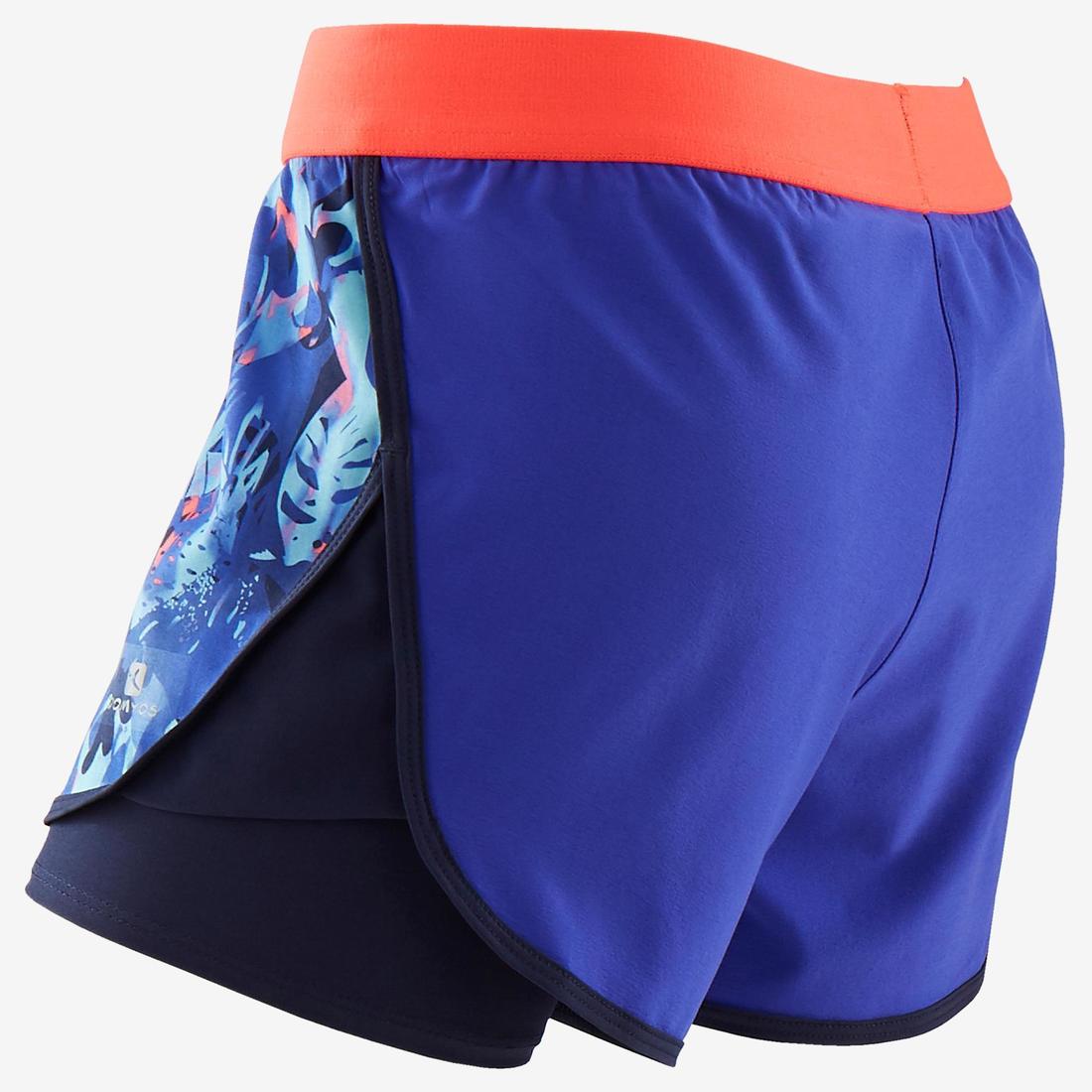 Short 2 en 1 multisport respirant fille, imprimé bleu et corail