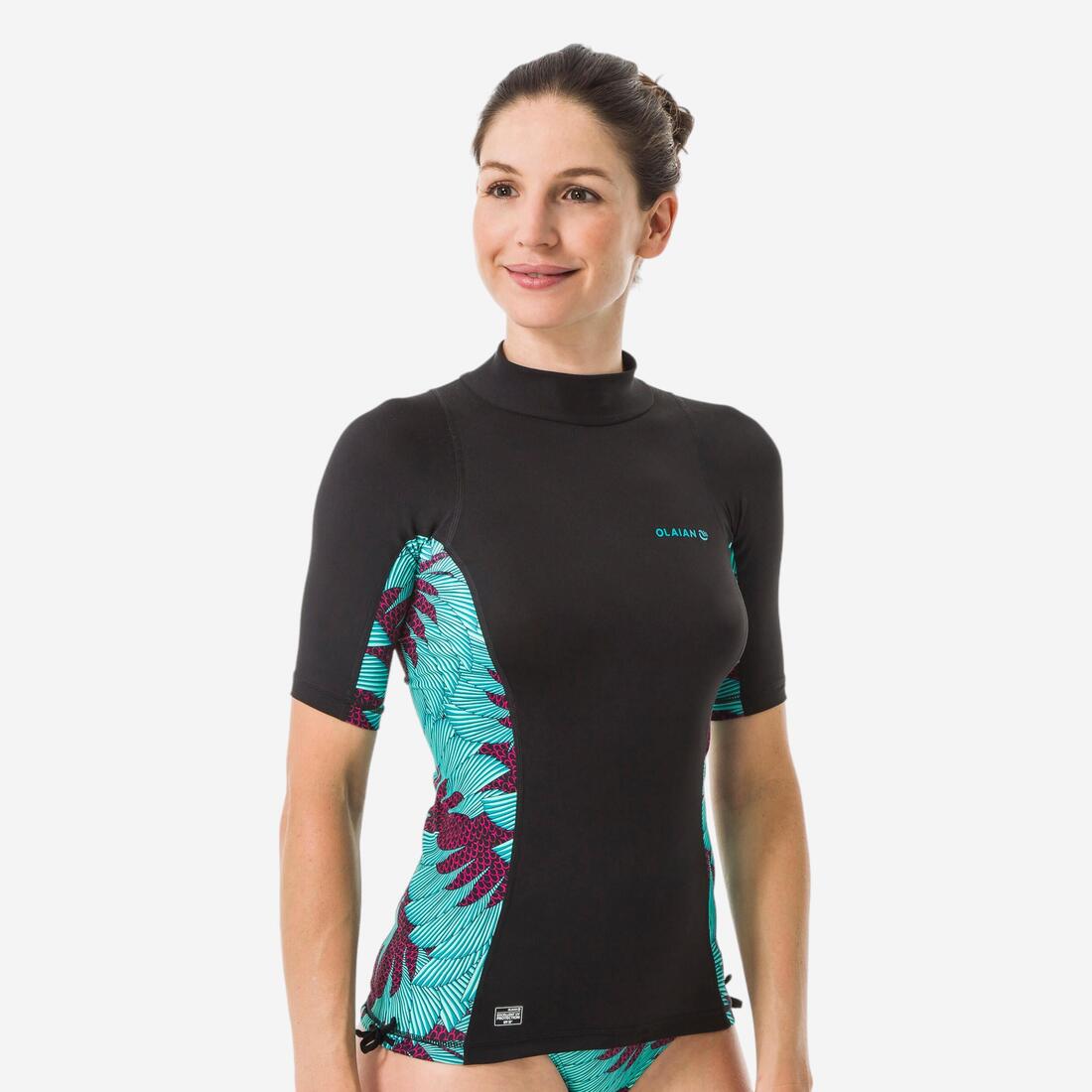 tee shirt anti uv surf top 500 manches courtes femme turquoise et