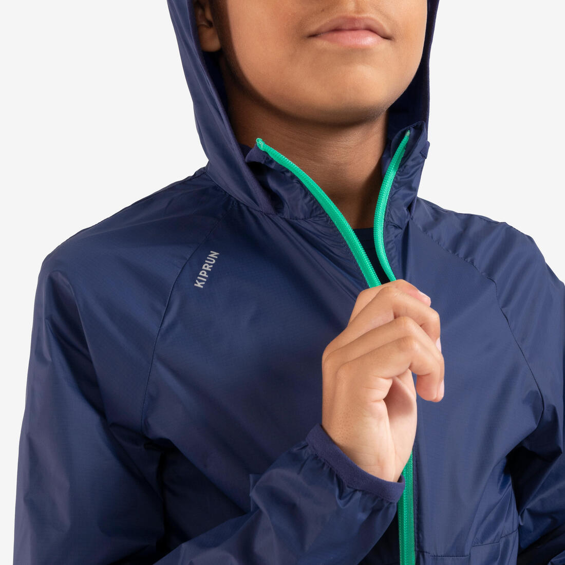 Veste de course à pied coupe vent à capuche Enfant - Kiprun wind marine verte