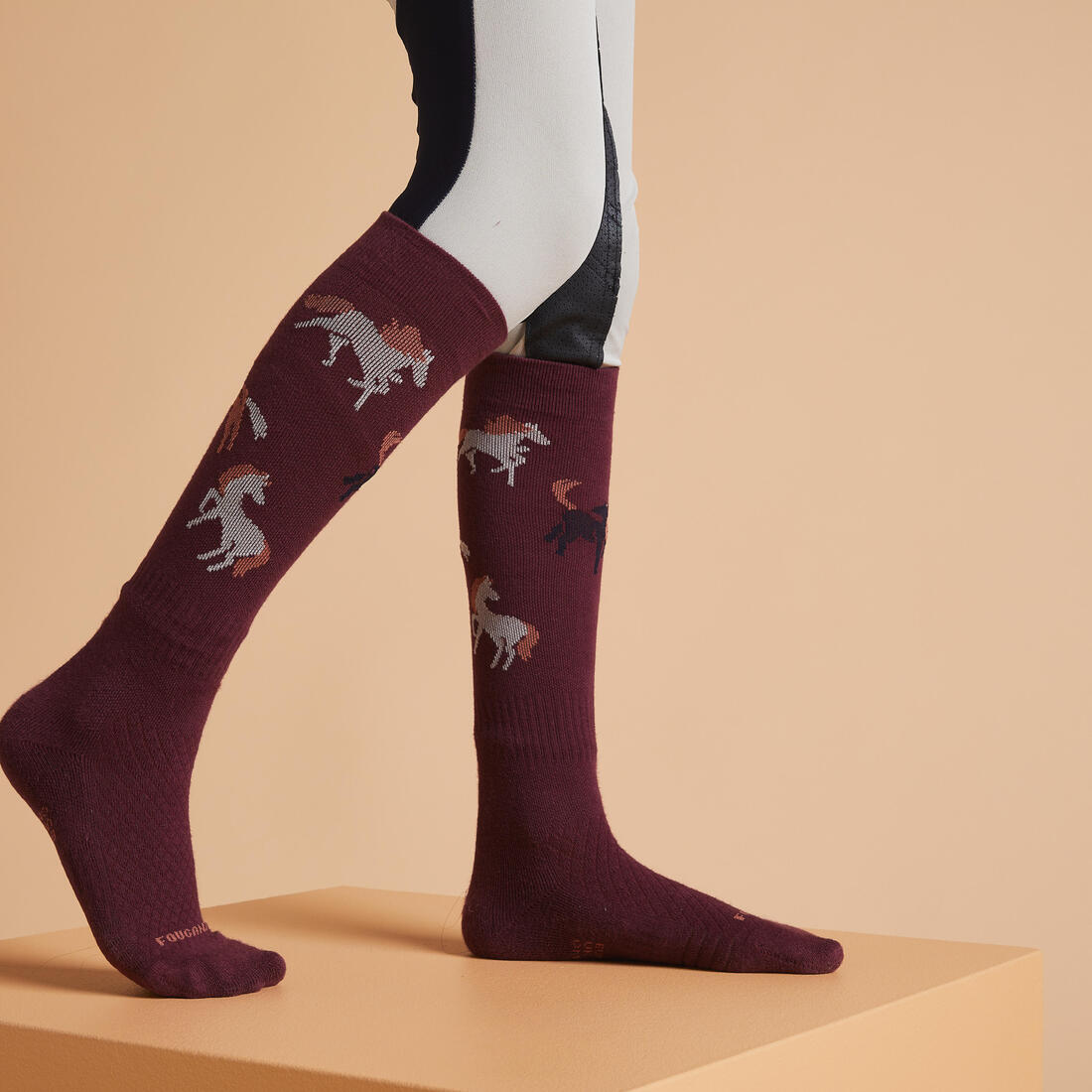 Chaussettes d'équitation enfant sks 500 motifs poneys marine et rose. lot de 2