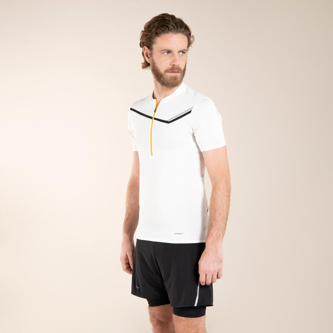 TEE SHIRT DE TRAIL RUNNING MANCHES COURTES ZIP HOMME BLANC