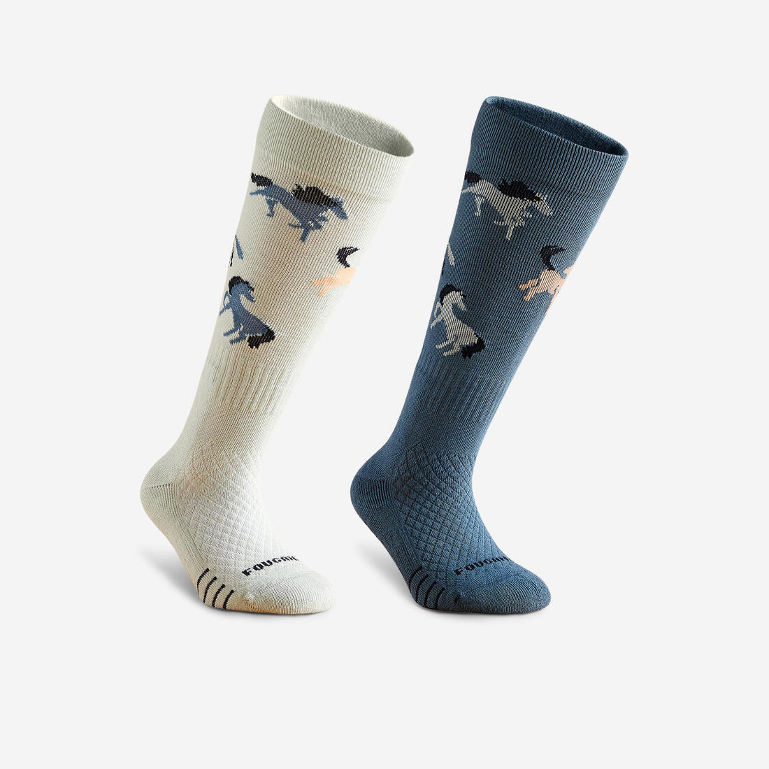 Chaussettes d'équitation enfant sks 500 motifs poneys marine et rose. lot de 2