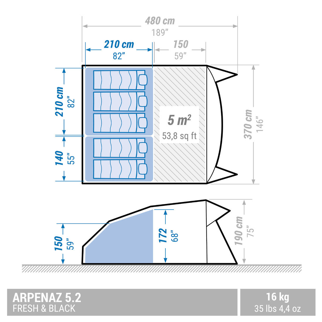 Tente à arceaux de camping - Arpenaz 5.2 F&B - 5 Places - 2 Chambres