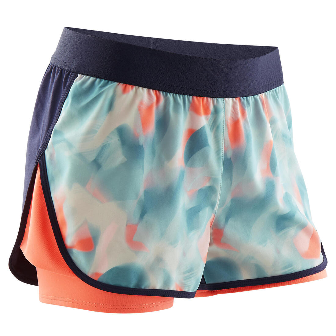 Short 2 en 1 multisport respirant fille, imprimé bleu et corail