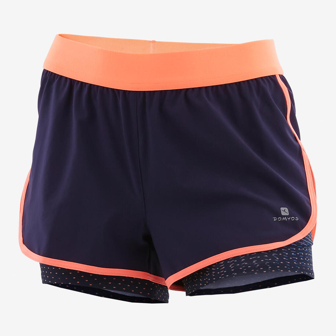 Short 2 en 1 multisport respirant fille, imprimé bleu et corail