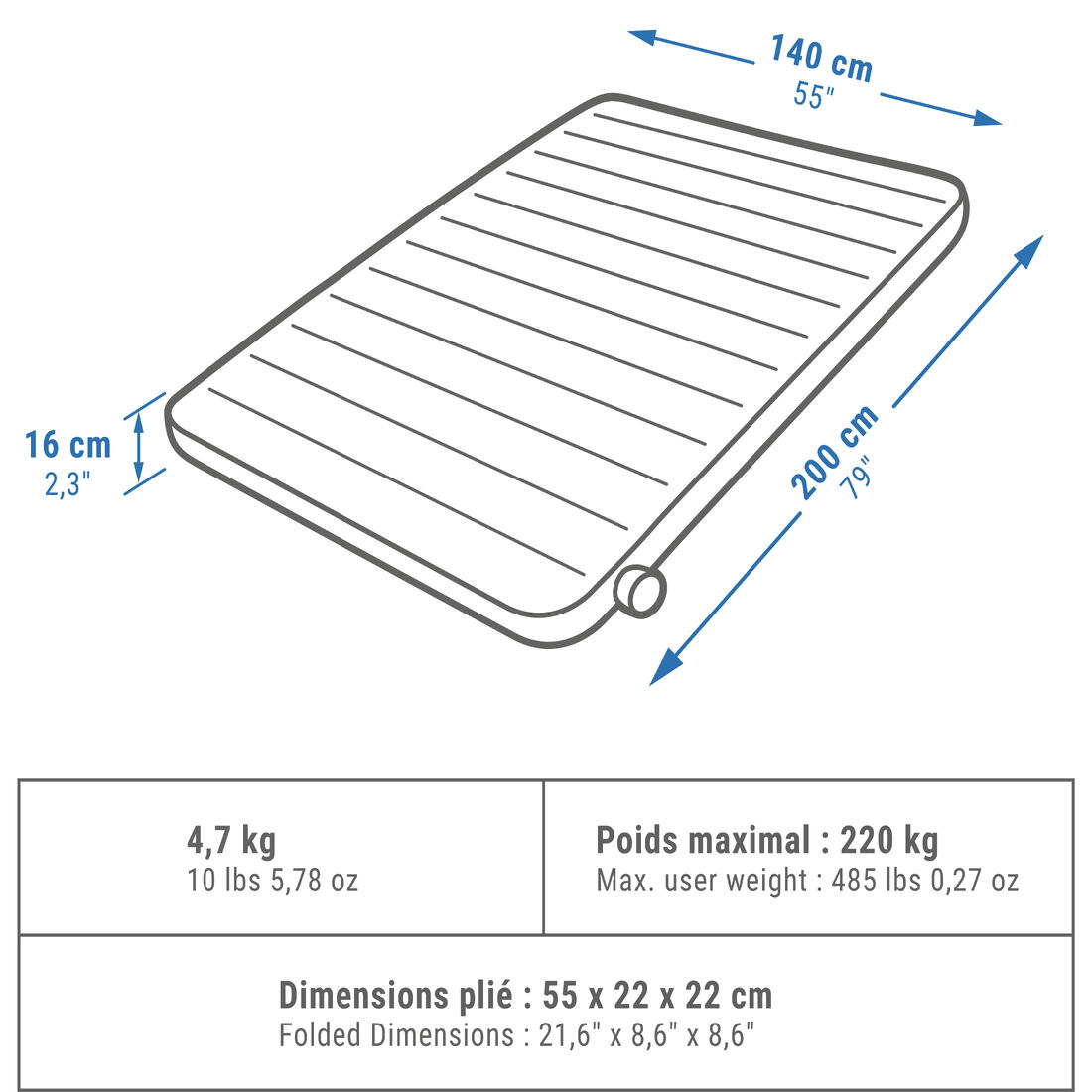 MATELAS GONFLABLE DE CAMPING - AIR SECONDS COMFORT 140 CM - 2 PERSONNES