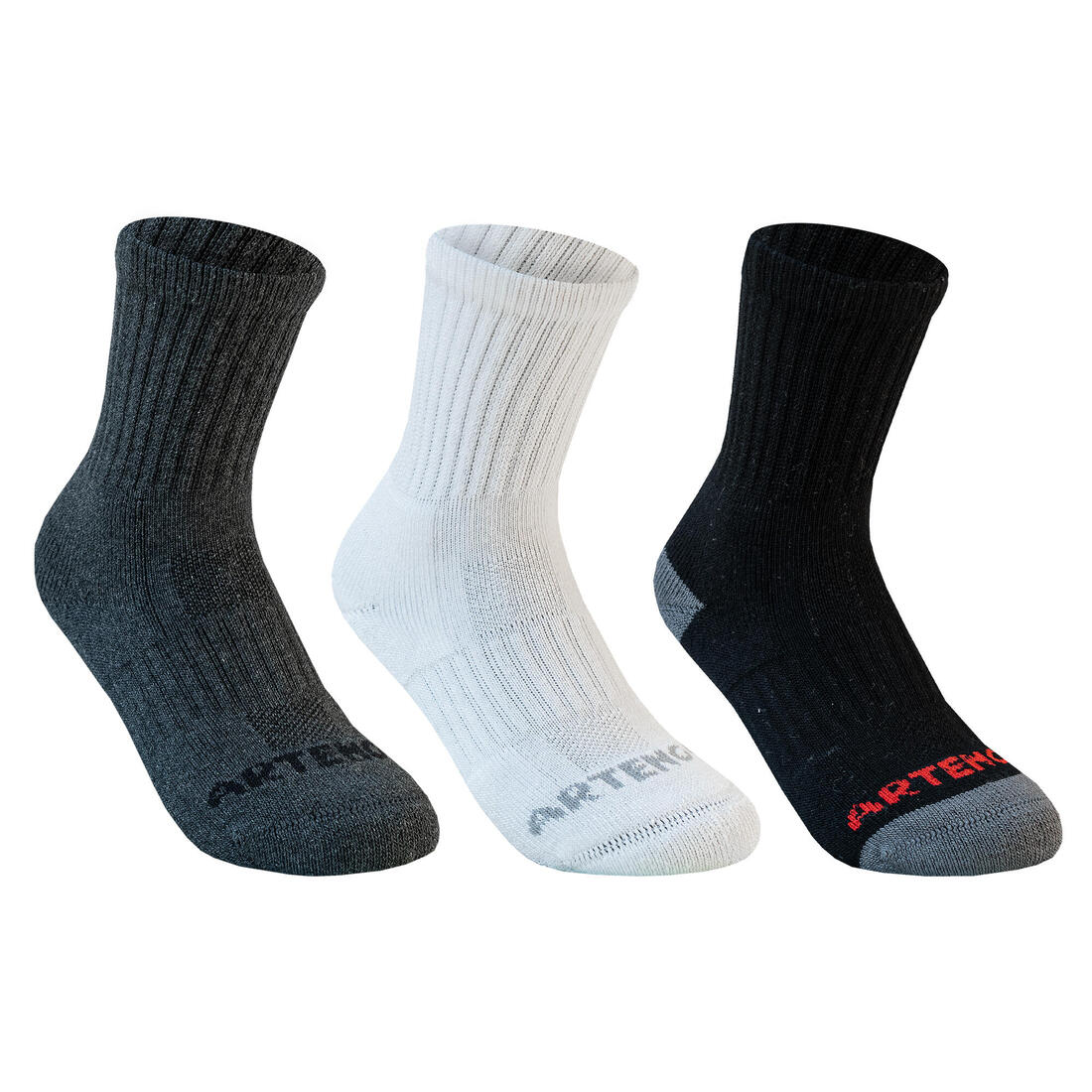 CHAUSSETTES DE SPORT ENFANT HAUTES ARTENGO RS 500 NOIR BLANC GRIS LOT DE 3