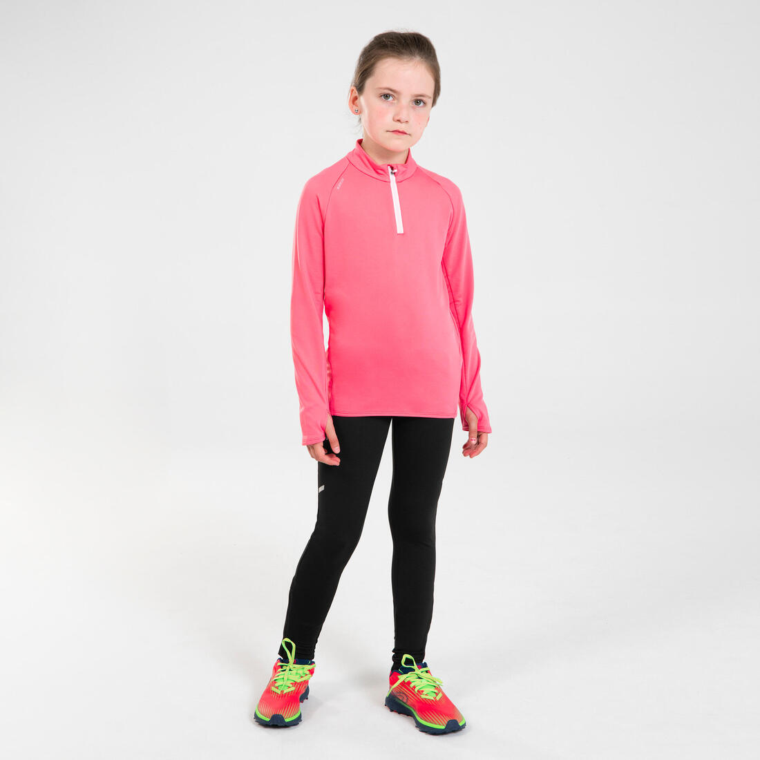 Maillot manches longues chaud 1/2 zip enfant d'athlétisme AT 100 corail fluo