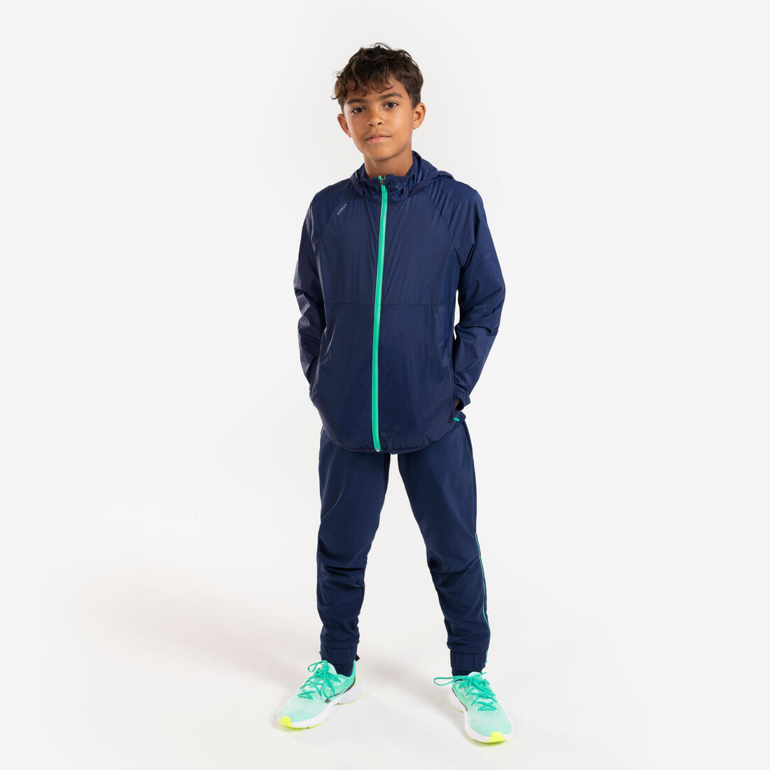 Veste de course à pied coupe vent à capuche Enfant - Kiprun wind marine verte