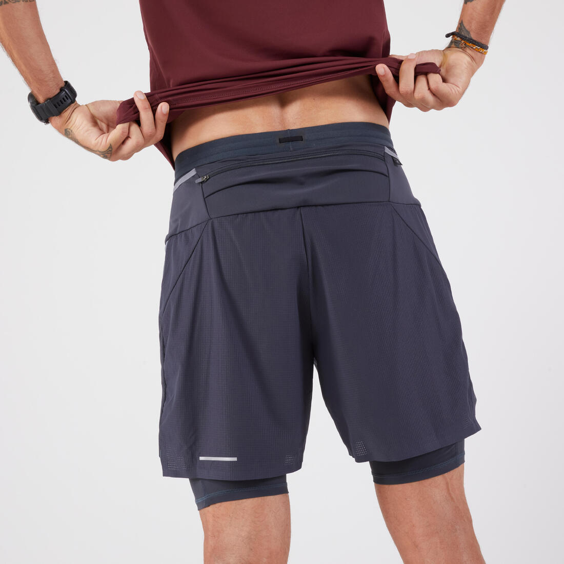 Short 2en1 de running trail longue distance homme - kiprun run ultra 900 gris