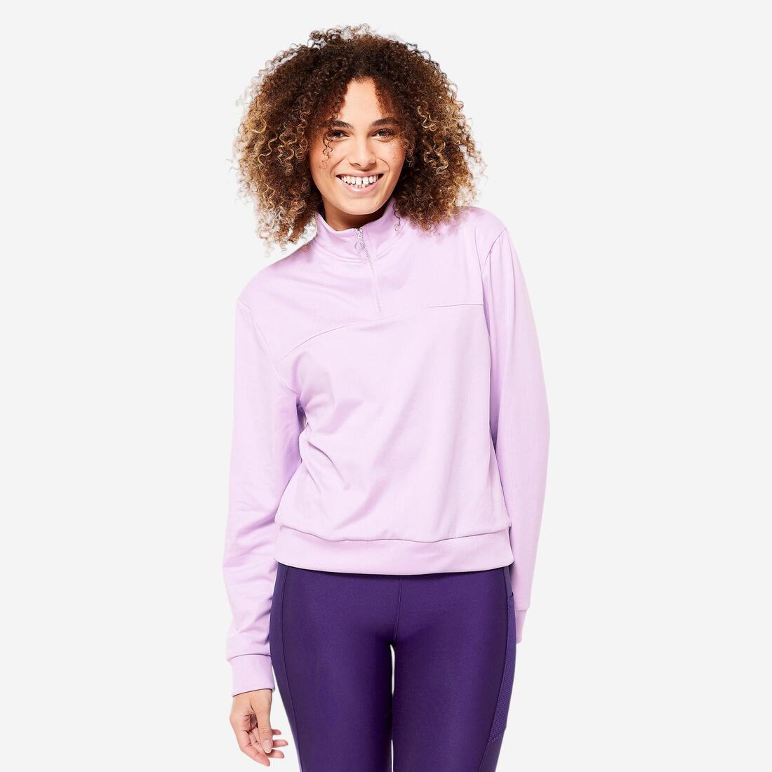 Sweat Manches Longues Col Zippé Fitness Cardio Femme Corail