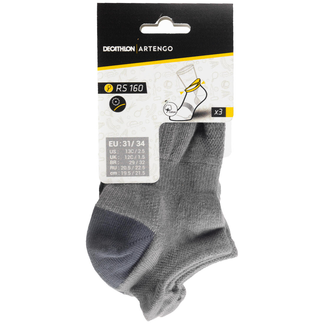 CHAUSSETTES TENNIS ENFANT BASSES ARTENGO RS 160 GRIS LOT DE 3