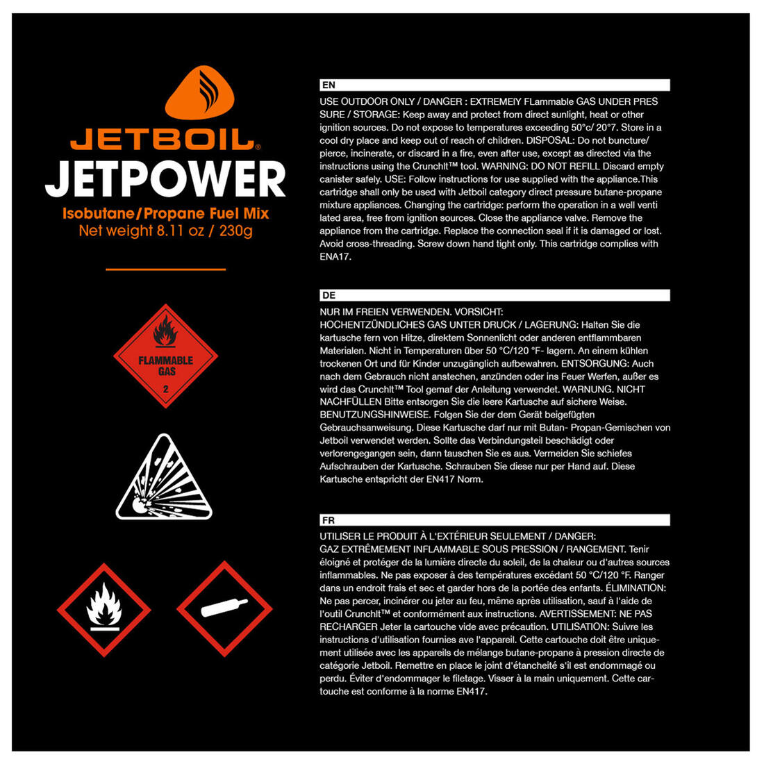CARTOUCHE DE GAZ À VIS 230 GRAMMES POUR RÉCHAUD JETBOIL