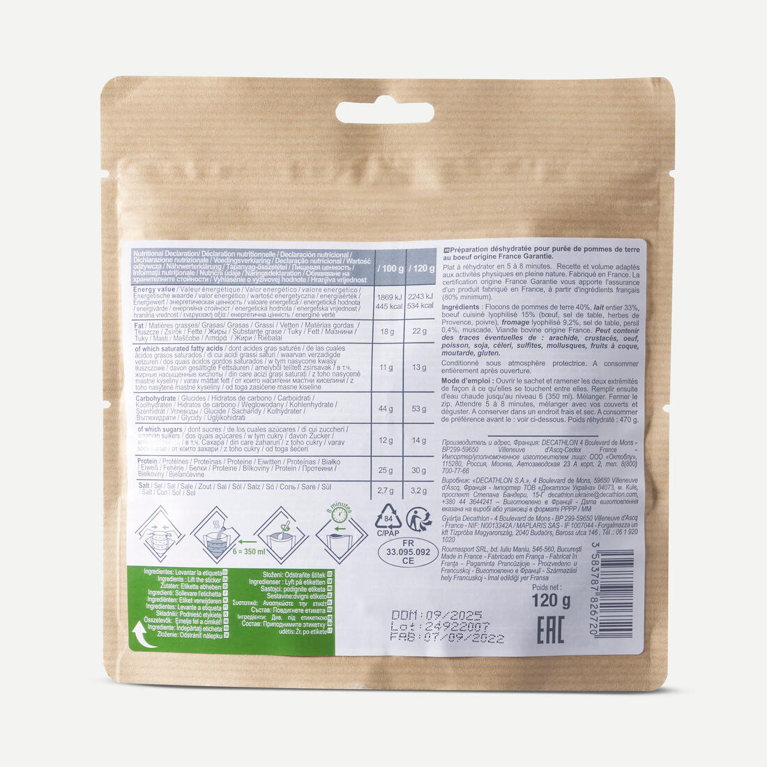 Repas lyophilisé - purée de pomme de terre à la viande hachée - 120 g