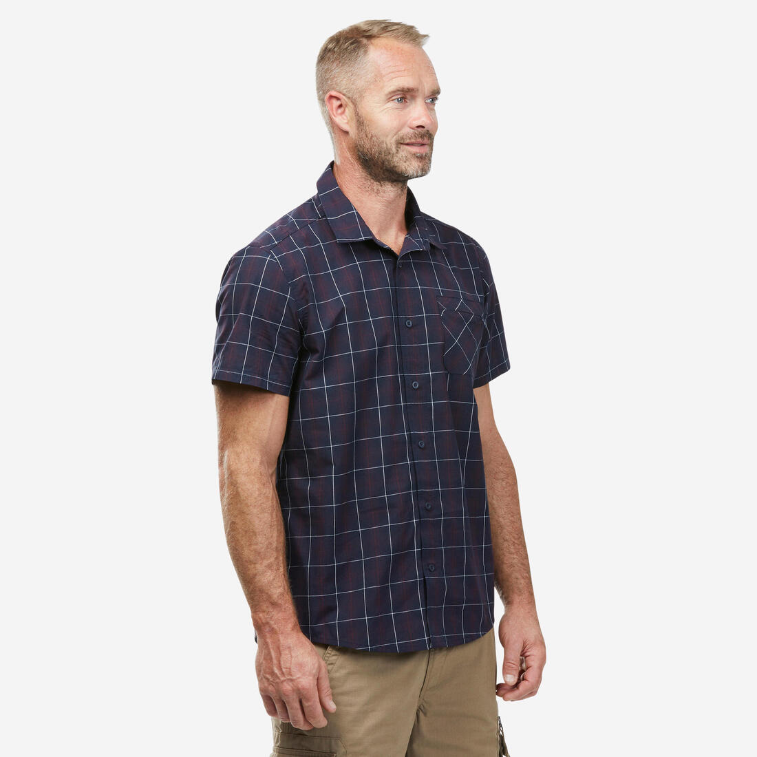 Chemise de Trekking voyage TRAVEL 100 carreaux manches courtes blanche homme