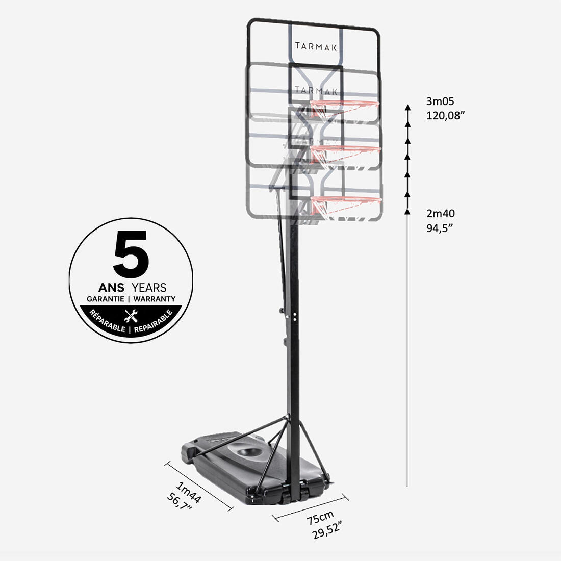 Panier basket sur pied déporté spécial dunk réglable 2,40 à 3,05 m, B700