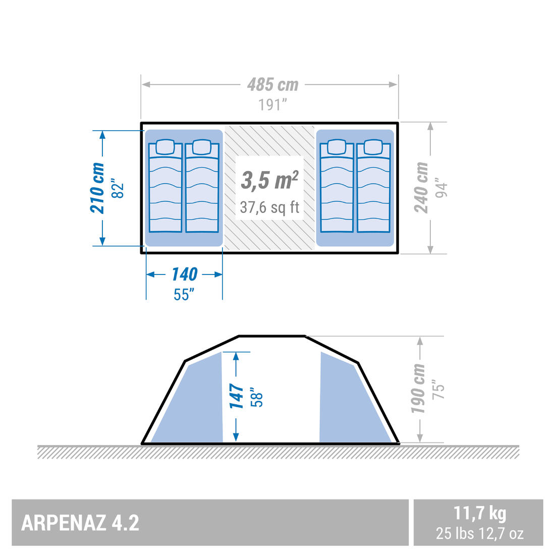 Tente de camping 4 places 2 chambres, Arpenaz 4.2