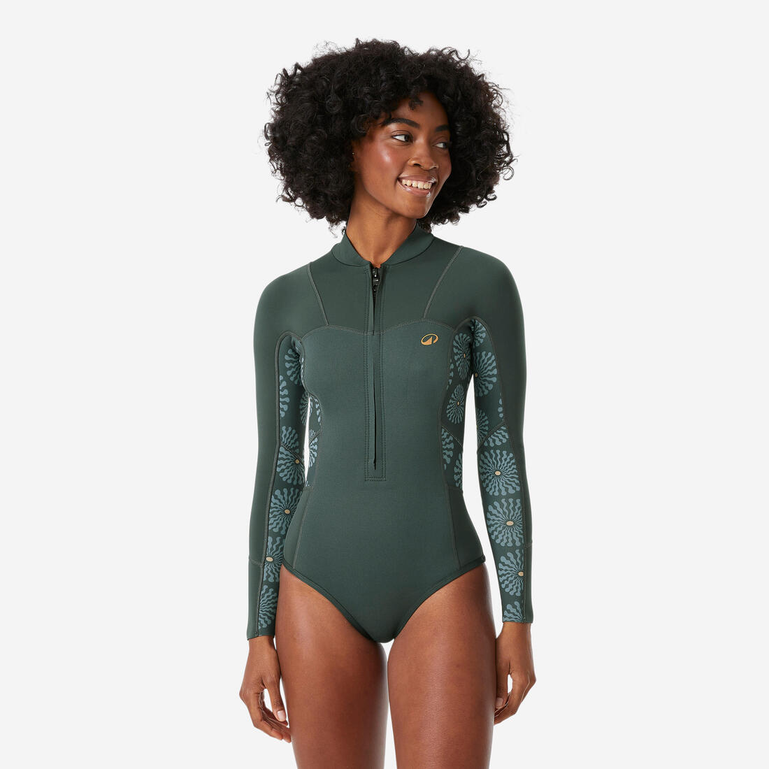 Shorty culotte surf front zip manches longues 1,5mm femme, 500 Green sunny vert