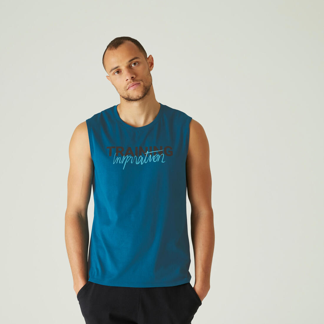 Débardeur Fitness homme col rond droit coton - 500 avec motif – bleu paon