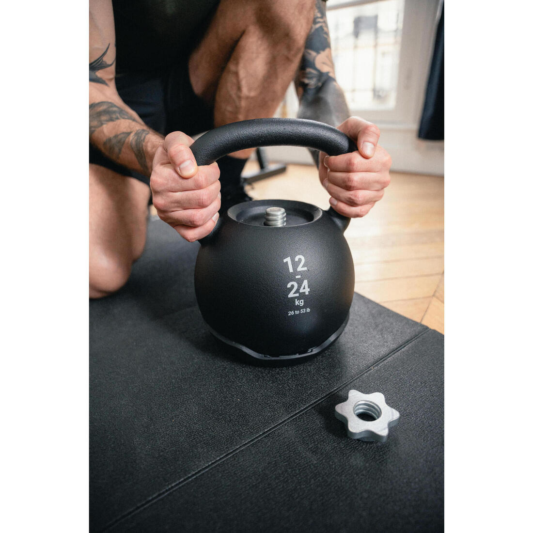Kettlebell ajustable 12-24kg, base de 12kg, poids additionnels vendus séparément