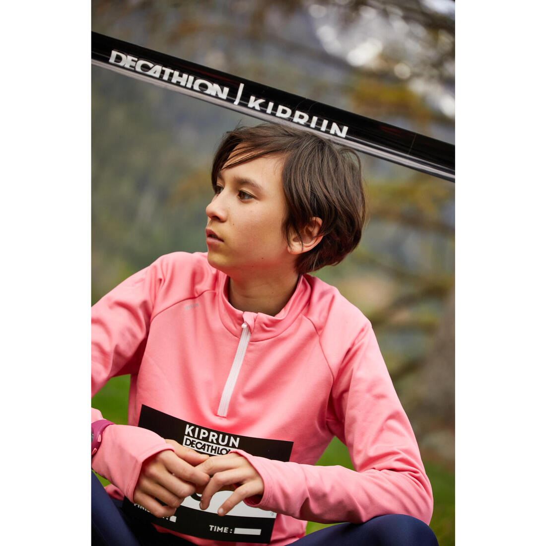 Maillot manches longues chaud 1/2 zip enfant d'athlétisme AT 100 corail fluo