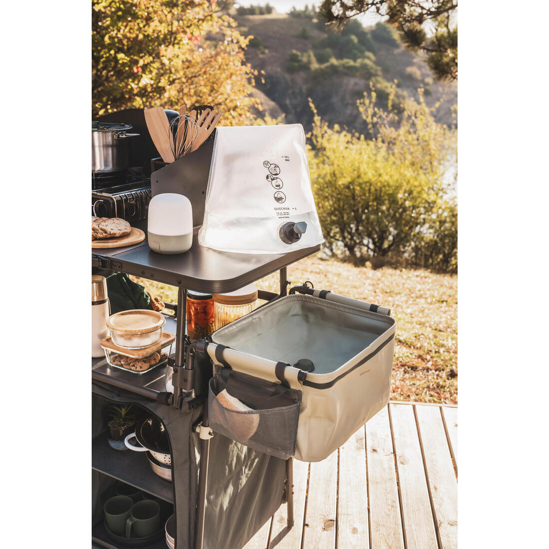 Meuble cuisine de camping L, pliable et avec pare-vent