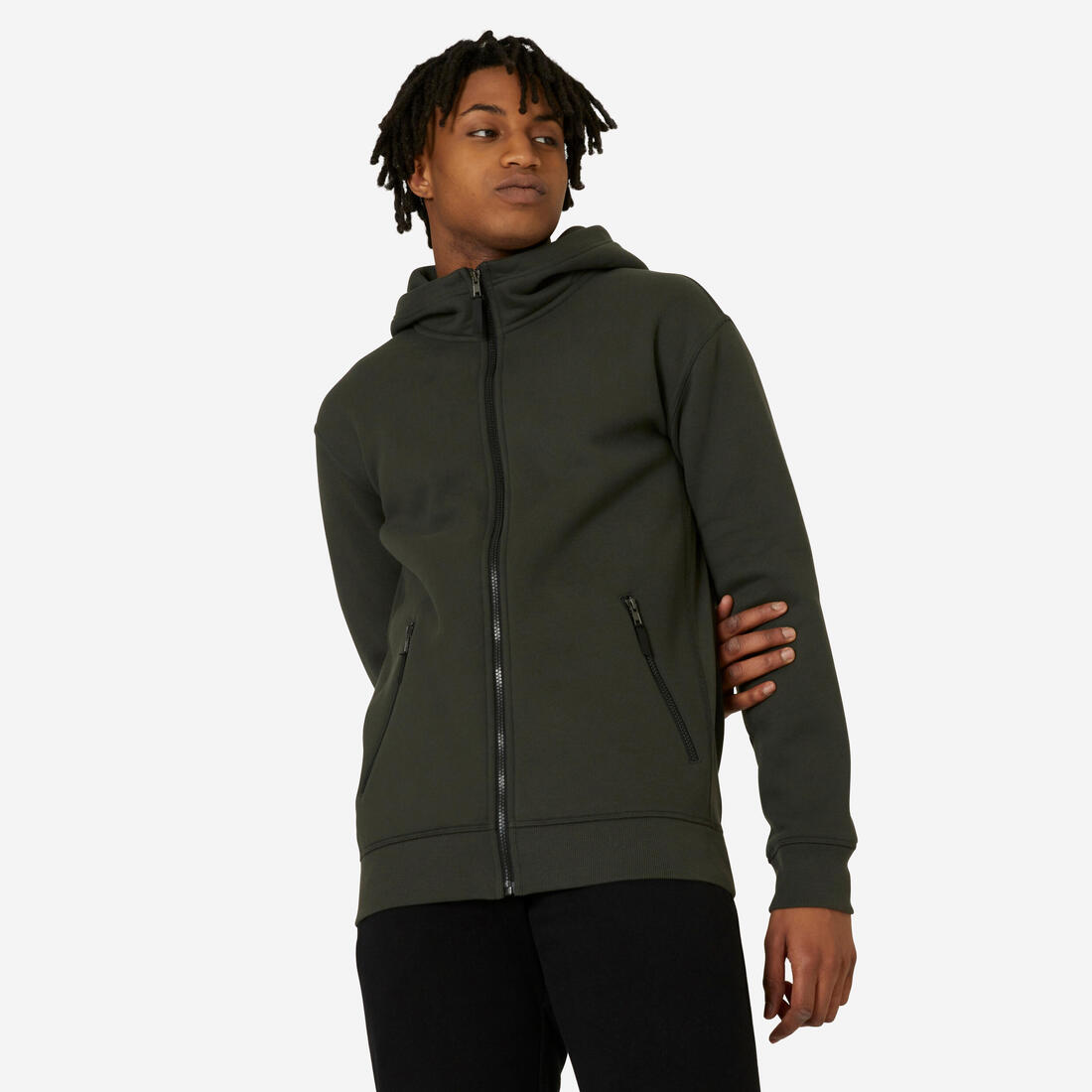Sweat zippé avec capuche fitness homme,  vert foncé – ocre