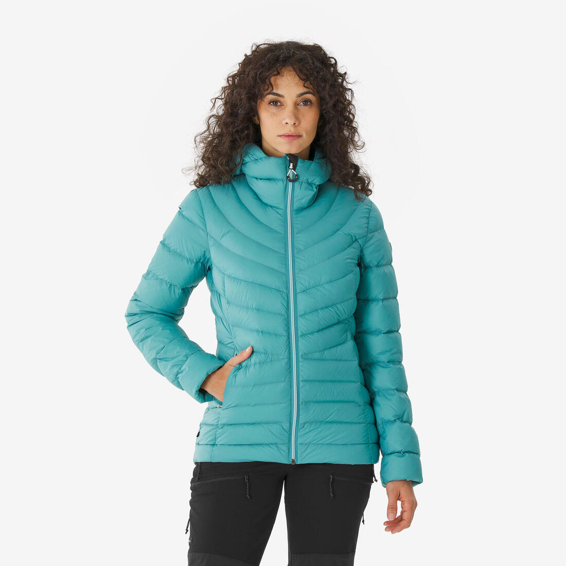 Doudoune à capuche en duvet de trek montagne - MT500 -10 °C - Femme – bleu gris