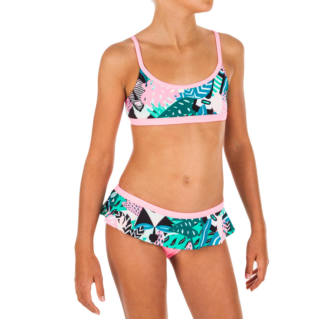 Maillot de natation fille 2 pièces Riana skirt all mask vert – rose bubblegum fluo