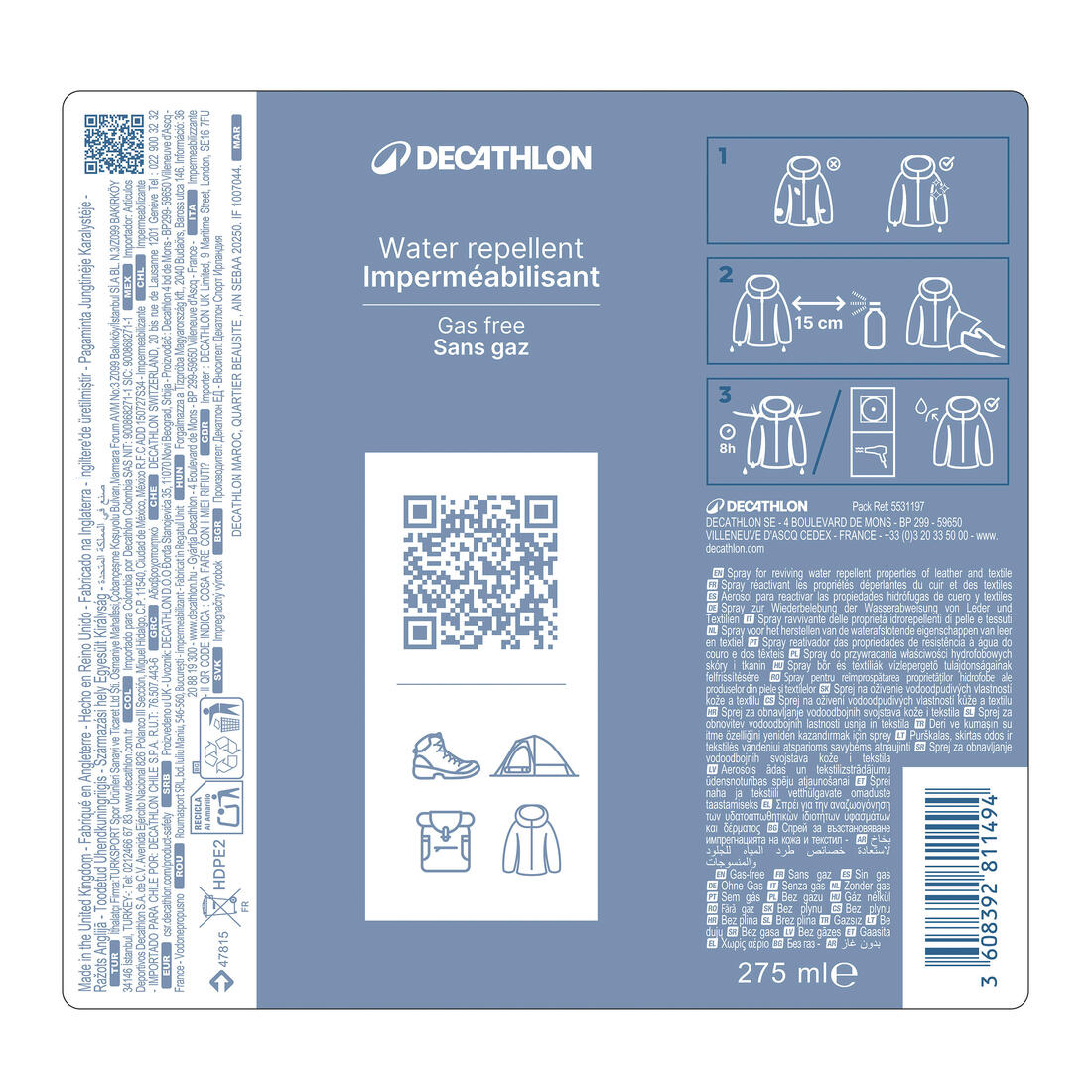 Spray imperméabilisant sans gaz pour chaussures, textile et matériel, 275ml
