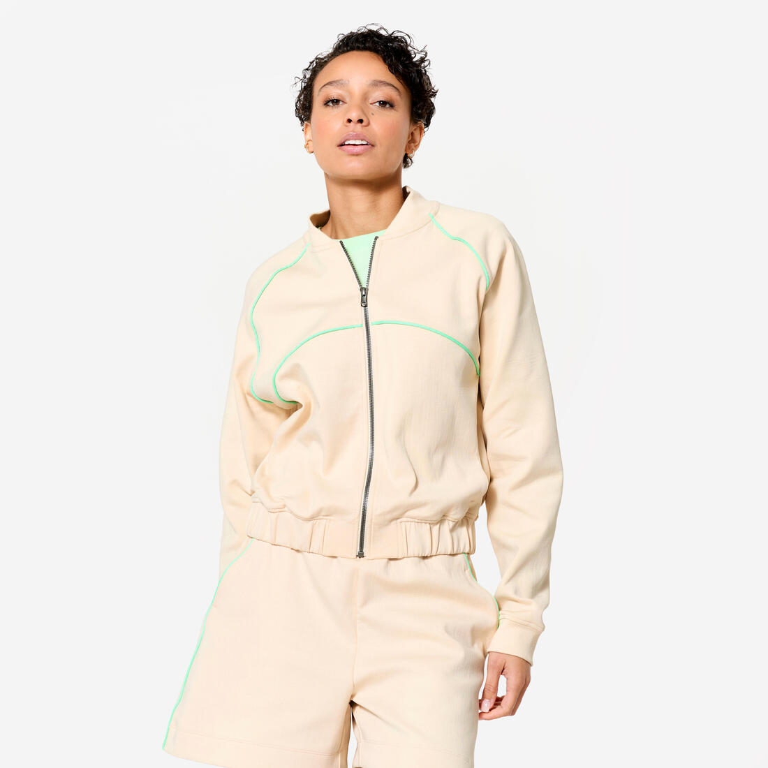 Veste bombers zipée femme, beige avec piping vert. – 8928992