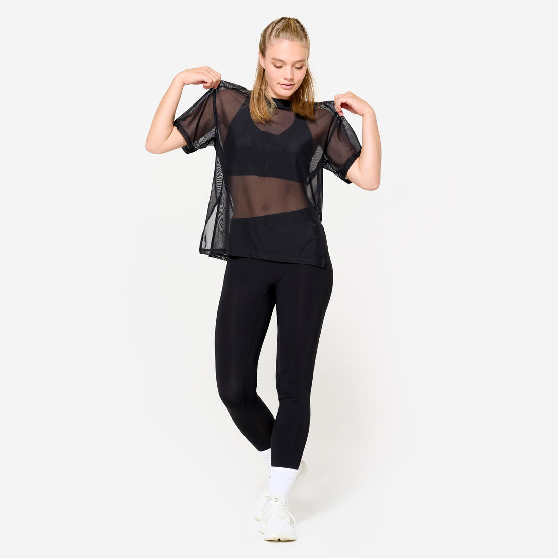T-shirt de fitness résille et loose femme, noir
