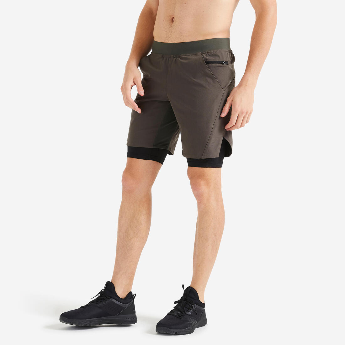 Short de fitness 2 en 1 collection respirant poche zippée homme – vert kaki