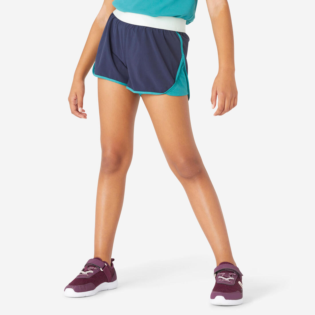 Short 2 en 1 multisport respirant fille, imprimé – bleu marine