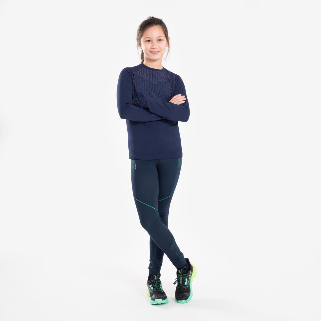 T-shirt manches longues de running Enfant,  KIPRUN SKINCARE marine