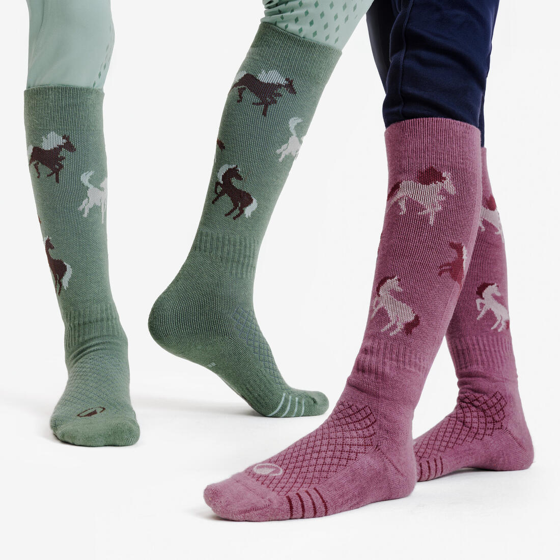 Chaussettes d'équitation enfant sks 500 motifs poneys marine et rose. lot de 2