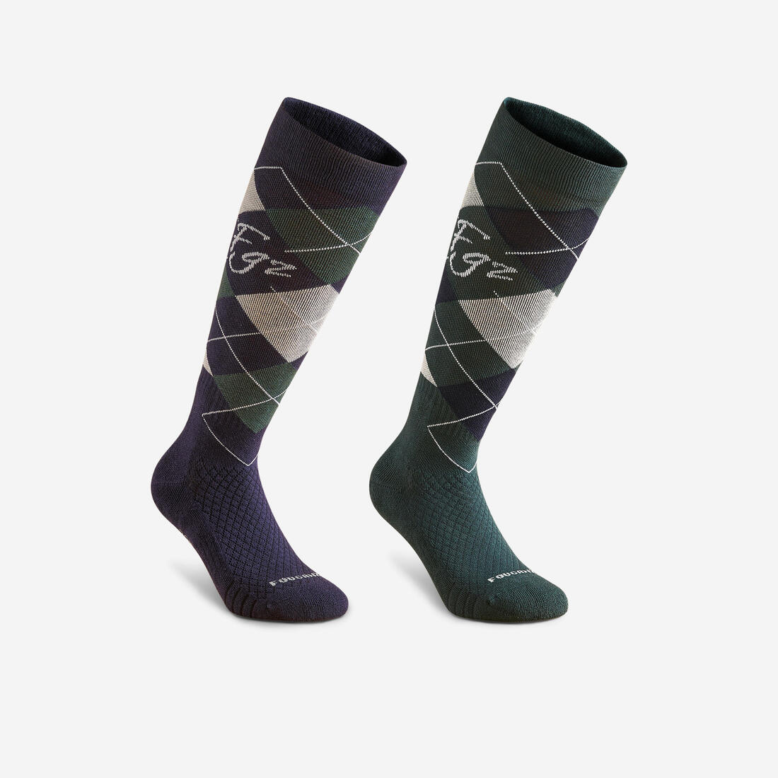 Chaussettes d'équitation 500 adulte losanges noir, gris et rose. lot de 2