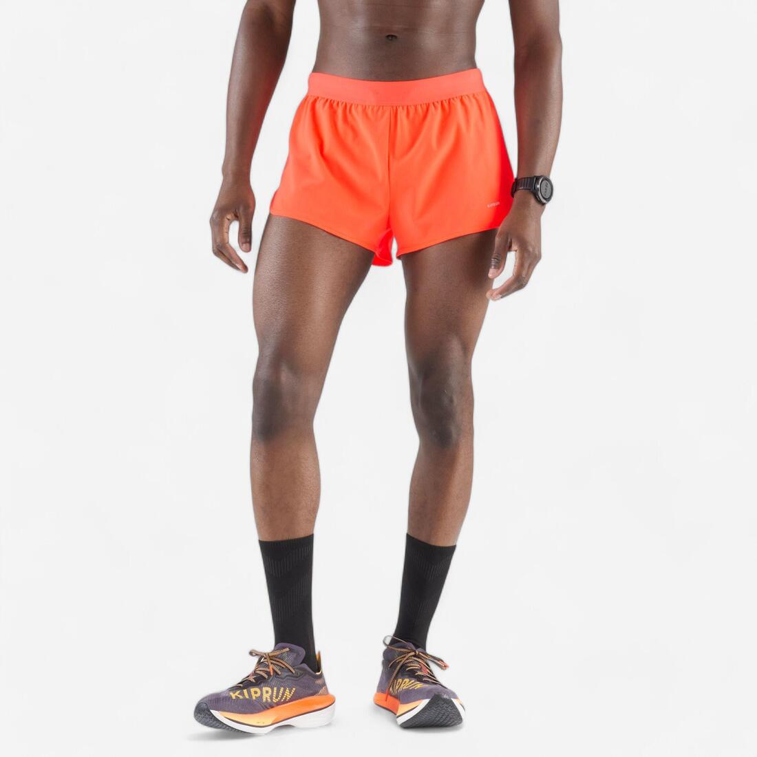 Short de running homme - kiprun run 500 confort split – orange flamme fluo