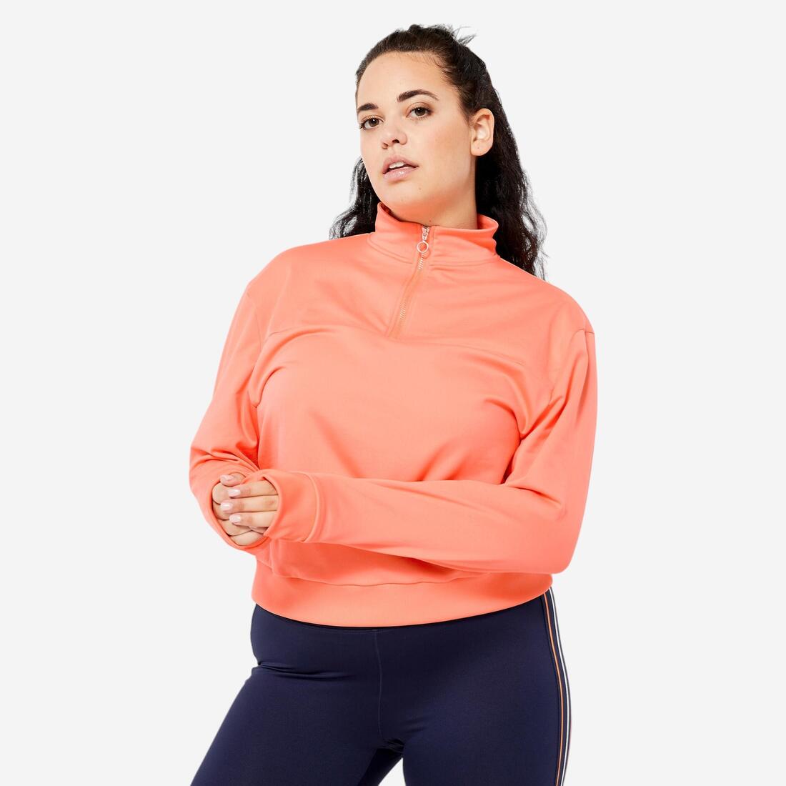 Sweat Manches Longues Col Zippé Fitness Cardio Femme Corail