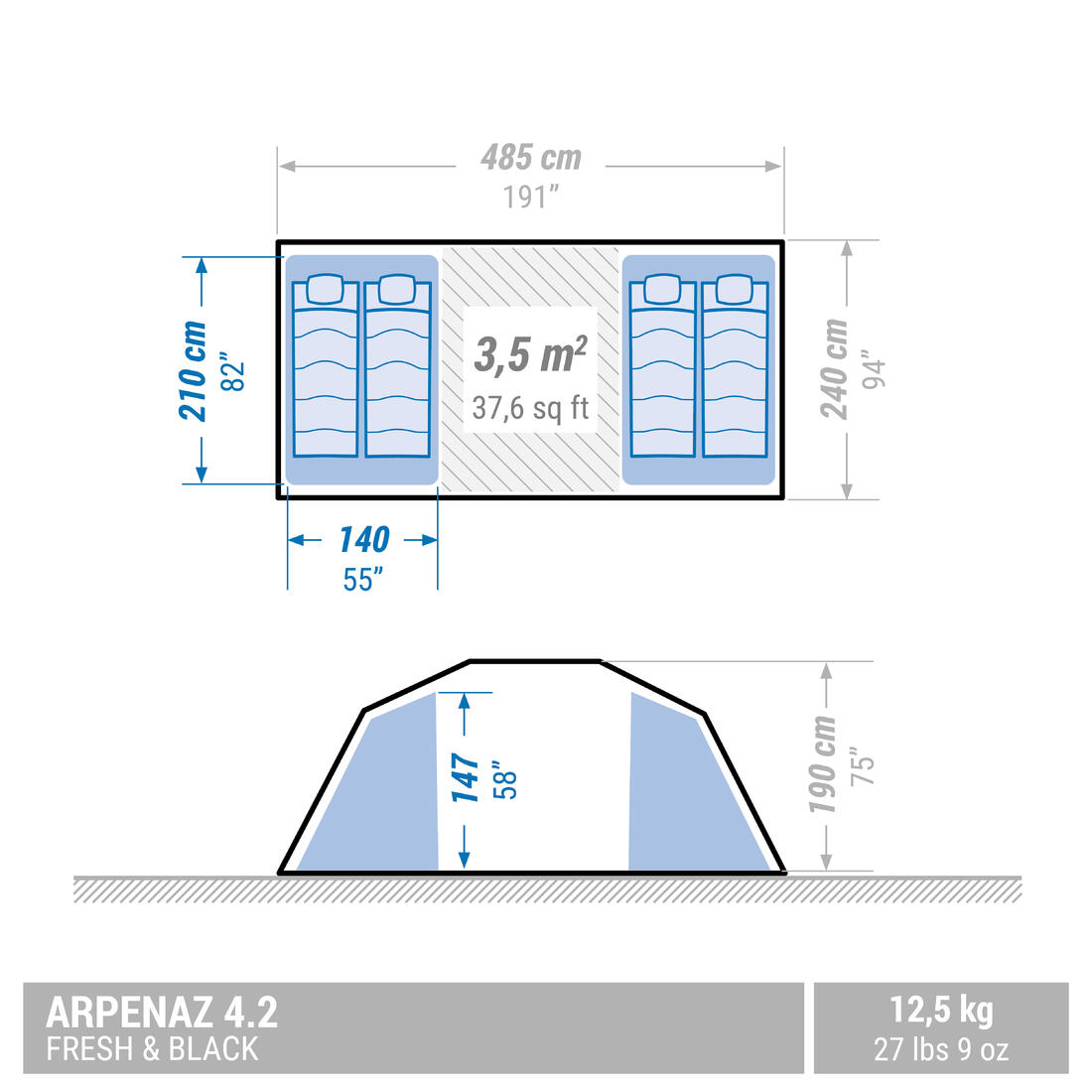 Tente de camping 4 places 2 chambres, Fresh & Black, Arpenaz 4.2